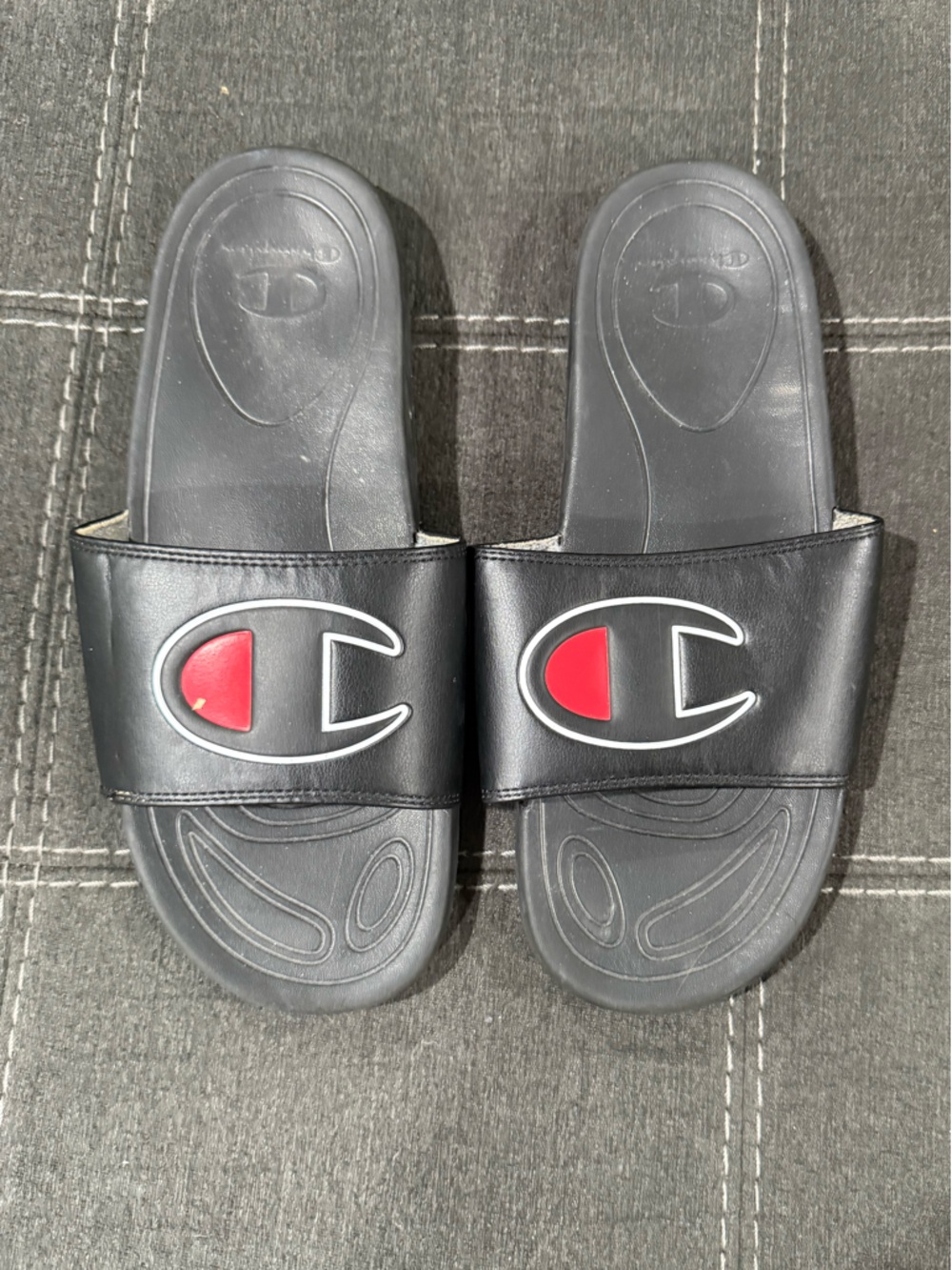Champion Black Slide Sandals with Red Accent Logo